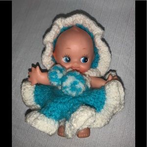 Vintage Kewpie Rubber Doll Baby Caucasian 6” Crochet Blue & White Outfit
